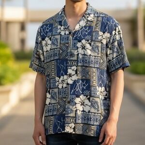 Royal Creations Shirt Mens M Blue Hibiscus Aloha Hawaiian Cotton Coconut Button